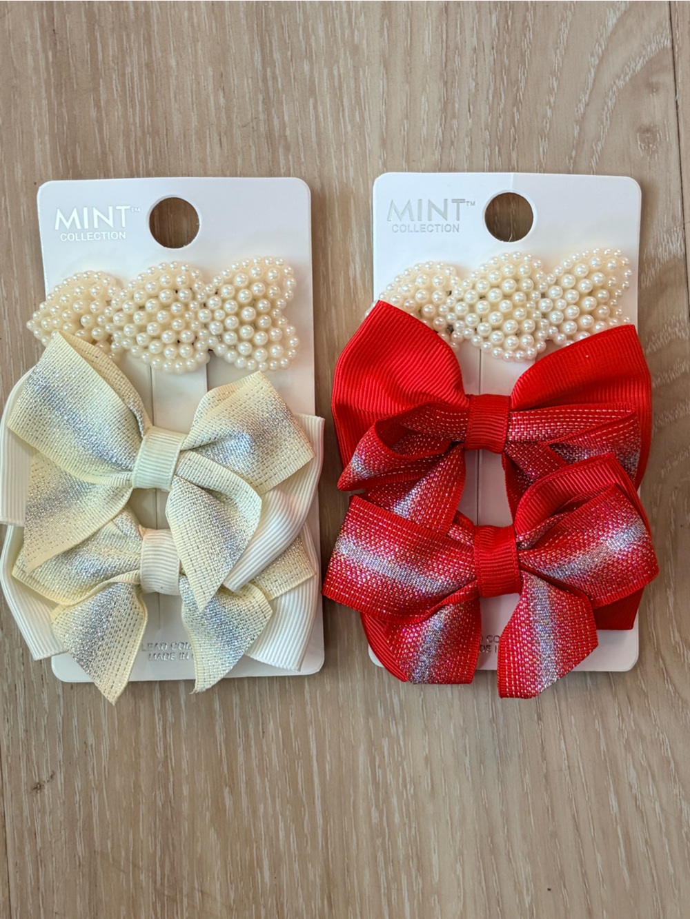 Kids Hair Bows with Pearl Clips - Red and Cream